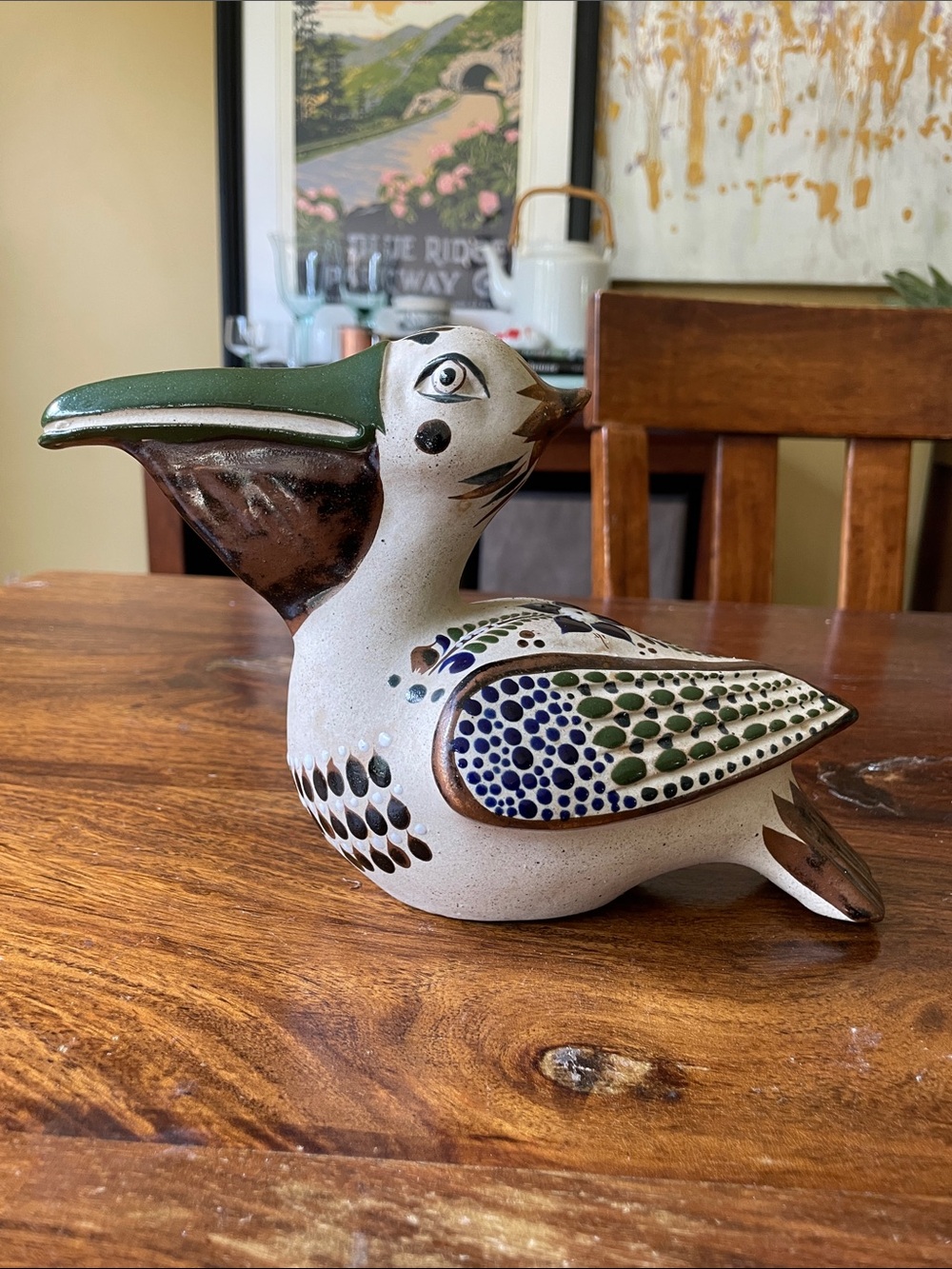 Vintage Tonala Mexican Pottery Pelican Bird Sculpture Hand Painted Detailed